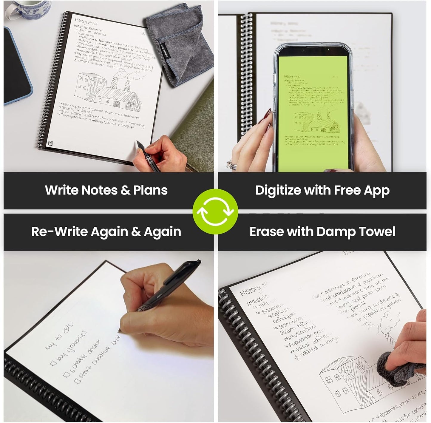 Rocketbook Fusion Reusable Digital Notebook - Smart Notepad A4 Black, 7 Styles, To Do List, Daily Journal, Weekly & Monthly Planner, with Frixion Erasable Pen, Office Gadget Reduces Paper Waste